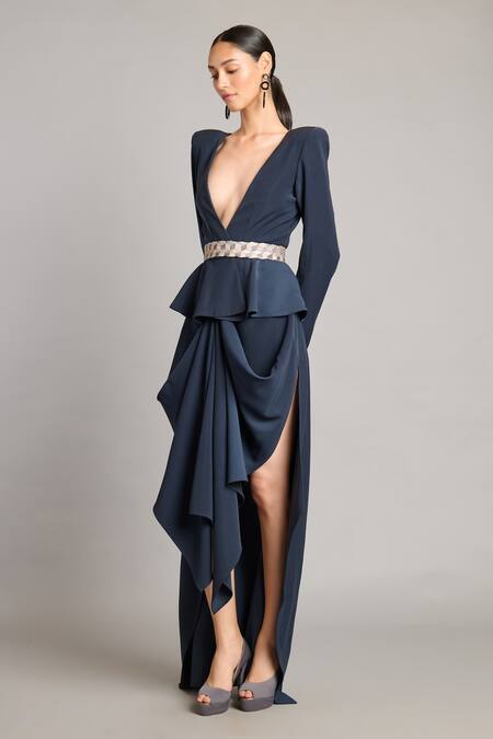 Siddartha Tytler Black Microfiber Slate Draped Skirt Online at Aza Fashions Siddartha Tytler_Black Microfiber Slate Draped Skirt _Online_at_Aza_Fashions