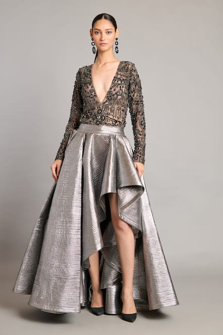 Siddartha Tytler Silver Gunmetal Lame Asymmetric Quilted Skirt