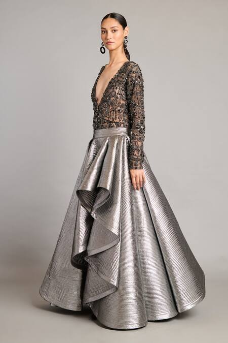 Siddartha Tytler Silver Gunmetal Lame Asymmetric Quilted Skirt Online at Aza Fashions Siddartha Tytler_Silver Gunmetal Lame Asymmetric Quilted Skirt _Online_at_Aza_Fashions
