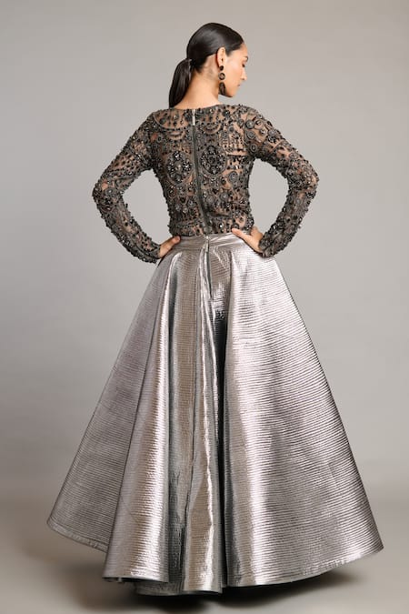 Shop Siddartha Tytler Silver Gunmetal Lame Asymmetric Quilted Skirt at Aza Fashions Shop_Siddartha Tytler_Silver Gunmetal Lame Asymmetric Quilted Skirt _at_Aza_Fashions