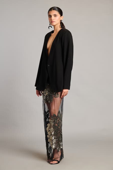 Siddartha Tytler Black Net Sequins 3d Embroidered Sheer Skirt Online at Aza Fashions Siddartha Tytler_Black Net Sequins 3d Embroidered Sheer Skirt _Online_at_Aza_Fashions