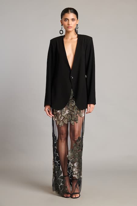 Siddartha Tytler Black Net Sequins 3d Embroidered Sheer Skirt 