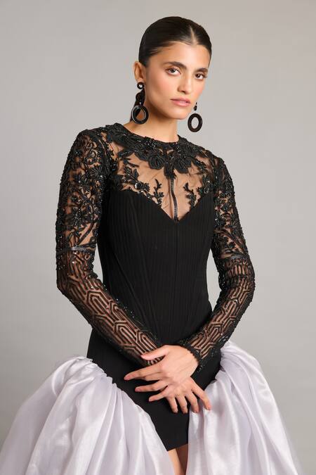 Buy_Siddartha Tytler_Black Organza Embroidery Round Neck Mixed Media Sheer Top _Online_at_Aza_Fashions