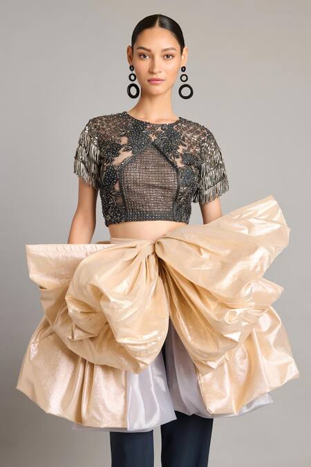 Siddartha Tytler_Black Tassels, Embroidery Round Neck Gunmetal Sheer Mixed Media Top _Online_at_Aza_Fashions