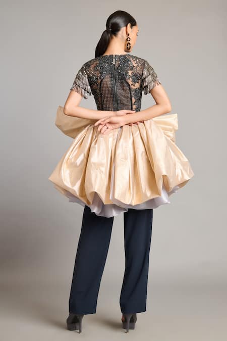 Shop_Siddartha Tytler_Black Tassels, Embroidery Round Neck Gunmetal Sheer Mixed Media Top _at_Aza_Fashions