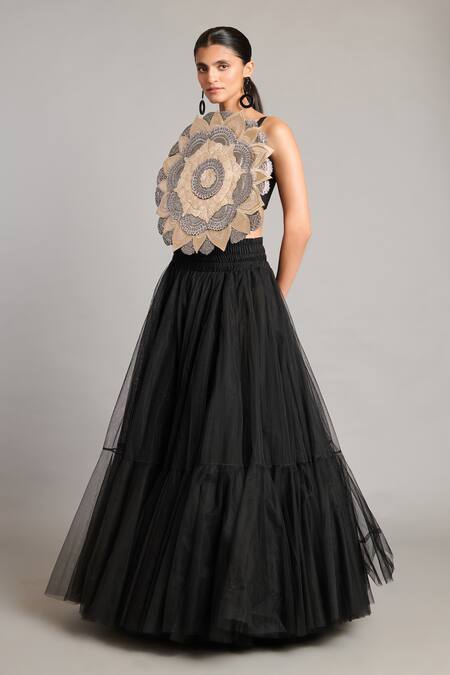 Siddartha Tytler_Black Microfiber Embroidery Round Neck 3d Mandala Crop Top _Online_at_Aza_Fashions