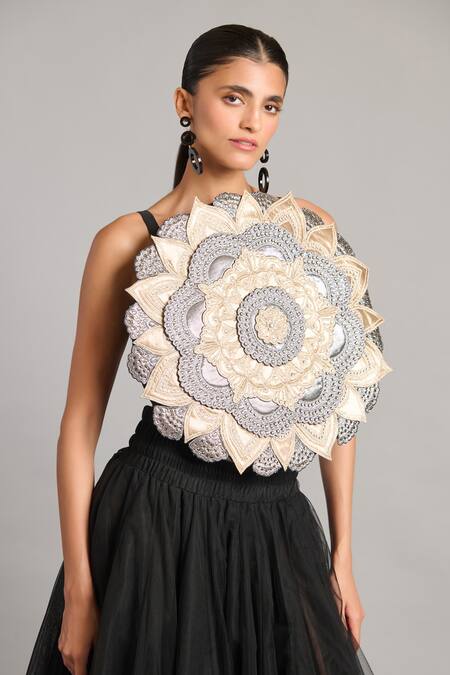 Buy_Siddartha Tytler_Black Microfiber Embroidery Round Neck 3d Mandala Crop Top _Online_at_Aza_Fashions