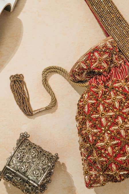 Shop_The Purple Sack_Red Embroidery, Beads Riviera Potli Bag _Online_at_Aza_Fashions