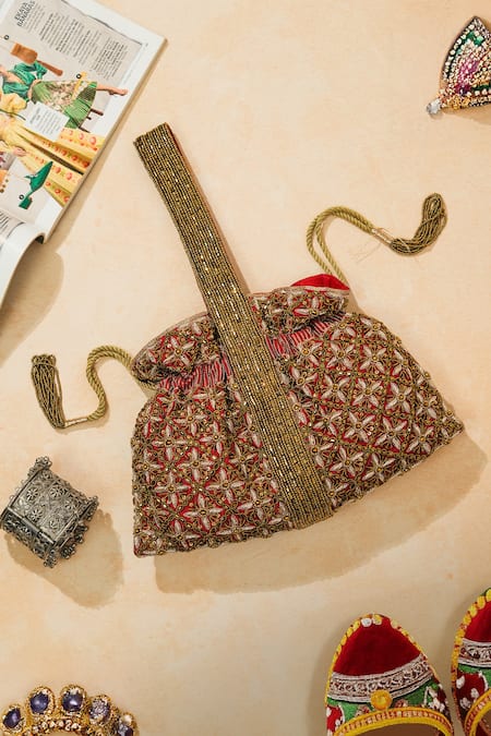 The Purple Sack Red Embroidery, Beads Riviera Potli Bag 