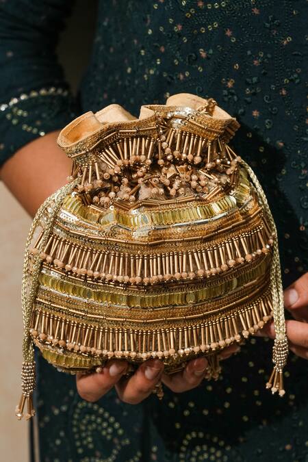 Buy_The Purple Sack_Gold Beads, Tassels Polma Potli _Online_at_Aza_Fashions