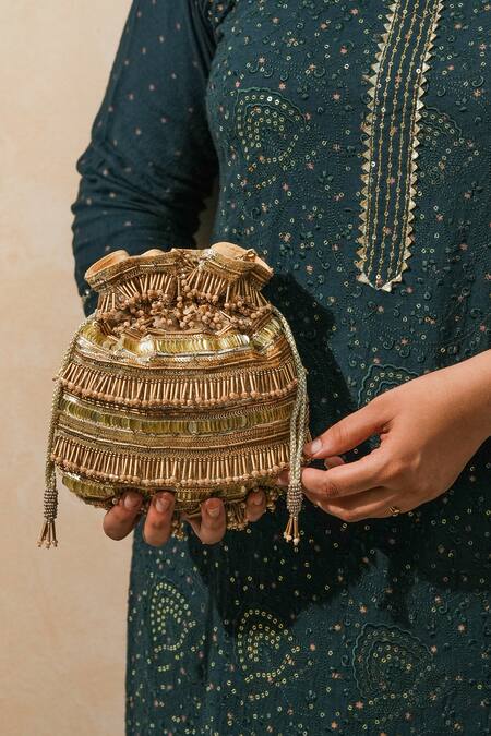 Shop_The Purple Sack_Gold Beads, Tassels Polma Potli _Online_at_Aza_Fashions