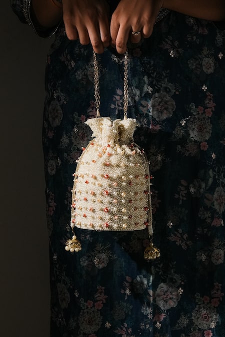 The Purple Sack White Pearls, Beads Palazzio Potli Bag