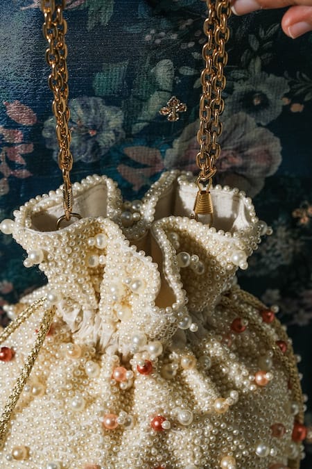 Shop_The Purple Sack_White Pearls, Beads Palazzio Potli Bag _Online_at_Aza_Fashions