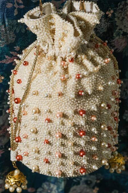 The Purple Sack_White Pearls, Beads Palazzio Potli Bag _at_Aza_Fashions