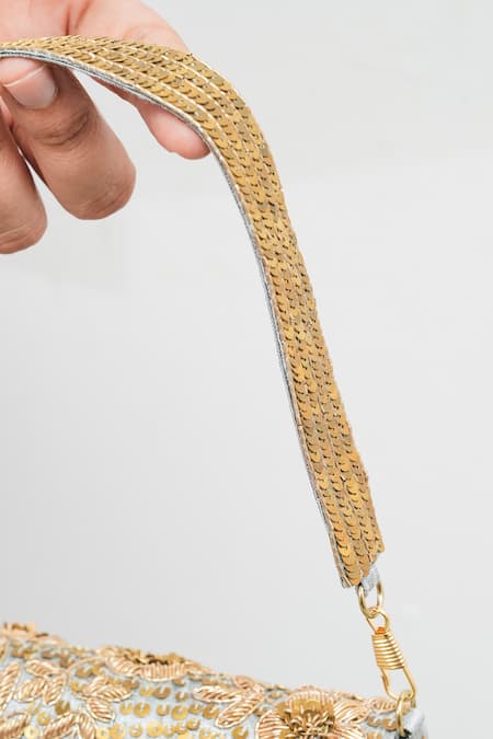 Buy The Purple Sack Gray Embroidery, Beads, Sequins Golden Silver Flower Clutch Online at Aza Fashions Buy_The Purple Sack_Gray Embroidery, Beads, Sequins Golden Silver Flower Clutch _Online_at_Aza_Fashions