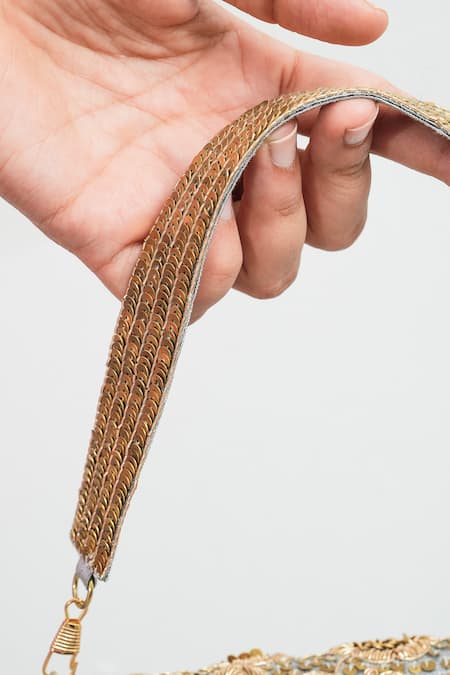 Shop The Purple Sack Gray Embroidery, Beads, Sequins Golden Silver Flower Clutch Online at Aza Fashions Shop_The Purple Sack_Gray Embroidery, Beads, Sequins Golden Silver Flower Clutch _Online_at_Aza_Fashions