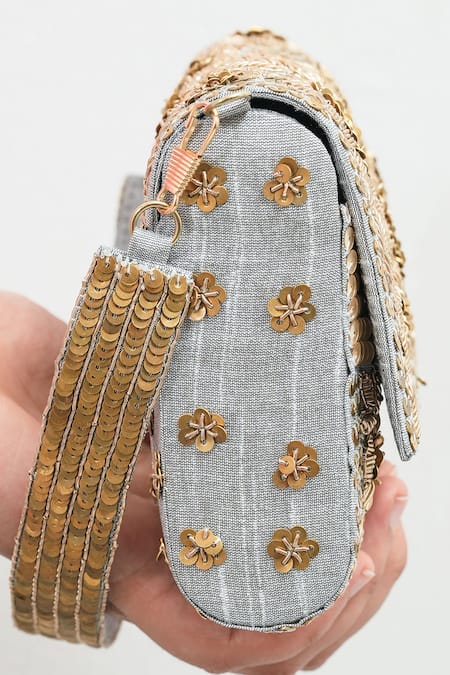 The Purple Sack Gray Embroidery, Beads, Sequins Golden Silver Flower Clutch Online at Aza Fashions The Purple Sack_Gray Embroidery, Beads, Sequins Golden Silver Flower Clutch _Online_at_Aza_Fashions
