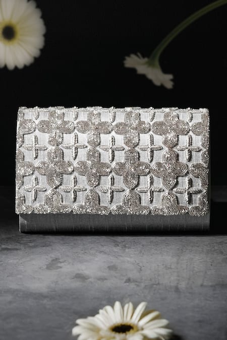 The Purple Sack Gray Beads Designer Grey Silver Handcrafted Clutch
