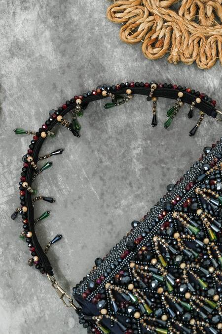 Buy_The Purple Sack_Blue Beads, Tassels Semi Circle Clutch _Online_at_Aza_Fashions