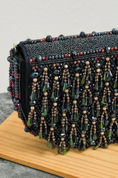 Shop_The Purple Sack_Blue Beads, Tassels Semi Circle Clutch _Online_at_Aza_Fashions