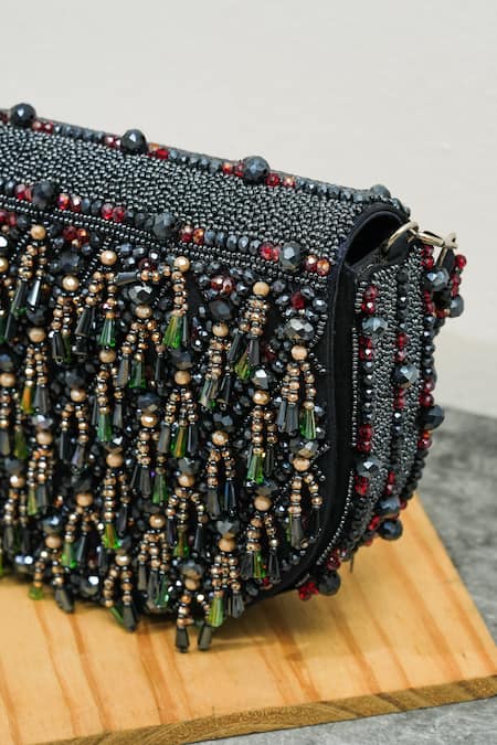 The Purple Sack_Blue Beads, Tassels Semi Circle Clutch _at_Aza_Fashions