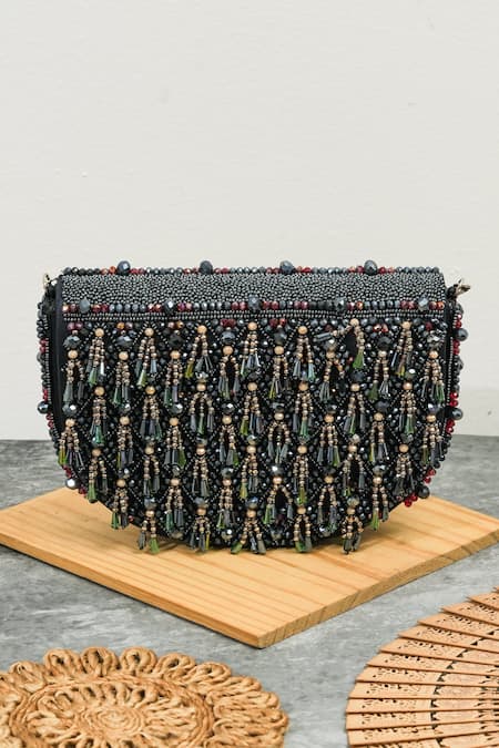 The Purple Sack_Blue Beads, Tassels Semi Circle Clutch _Online_at_Aza_Fashions