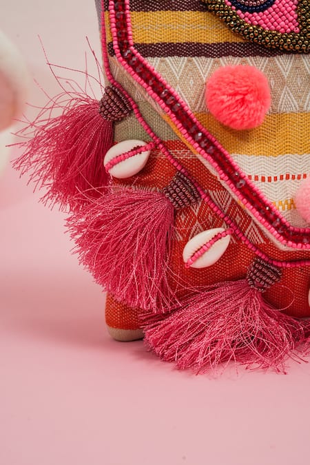 The Purple Sack_Pink Pom-poms, Tassels Boho Eye Clutch _at_Aza_Fashions