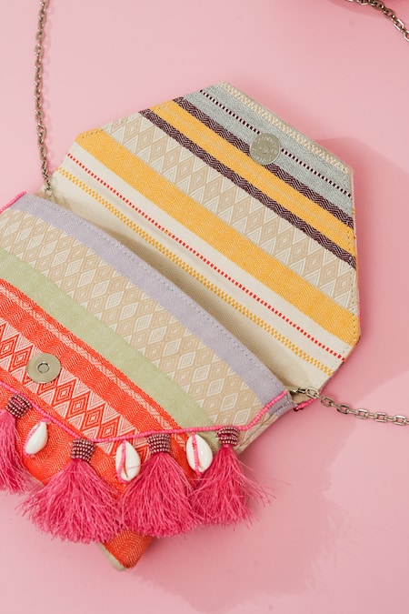 Buy_The Purple Sack_Pink Pom-poms, Tassels Boho Eye Clutch 