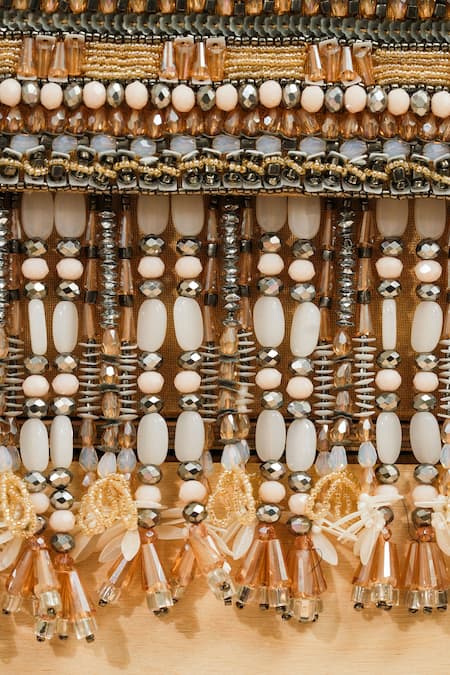 The Purple Sack_Gold Beads, Tassels Handcrafted Hanging Box Clutch _at_Aza_Fashions