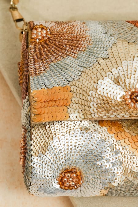 Shop The Purple Sack Gold Sequins Flower Clutch With Sling Handle Online at Aza Fashions Shop_The Purple Sack_Gold Sequins Flower Clutch With Sling Handle _Online_at_Aza_Fashions