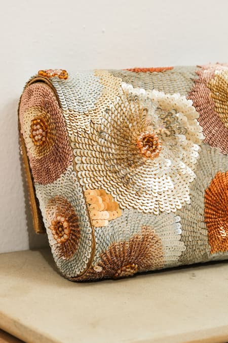 The Purple Sack Gold Sequins Flower Clutch With Sling Handle Online at Aza Fashions The Purple Sack_Gold Sequins Flower Clutch With Sling Handle _Online_at_Aza_Fashions