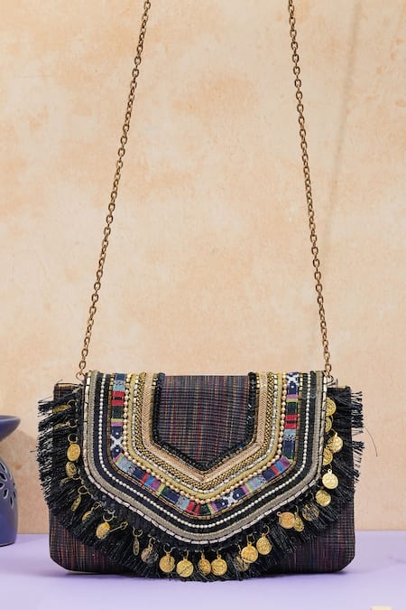 The Purple Sack_Gold Fringe, Beads Boho Love Handcrafted Clutch _Online_at_Aza_Fashions