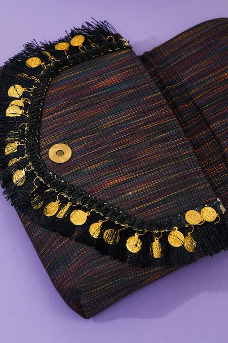 Shop_The Purple Sack_Gold Fringe, Beads Boho Love Handcrafted Clutch _Online_at_Aza_Fashions