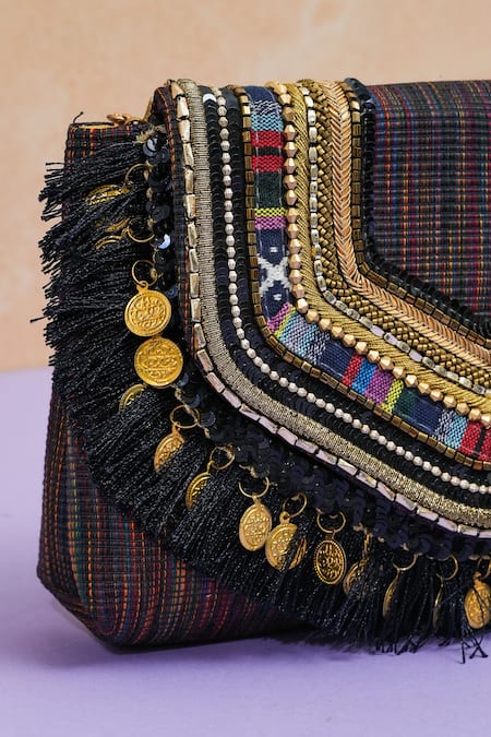 The Purple Sack_Gold Fringe, Beads Boho Love Handcrafted Clutch _at_Aza_Fashions