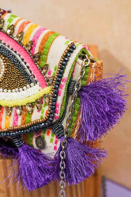 Buy_The Purple Sack_Beads, Tassels Multicolour Eye Sling Clutch _Online_at_Aza_Fashions