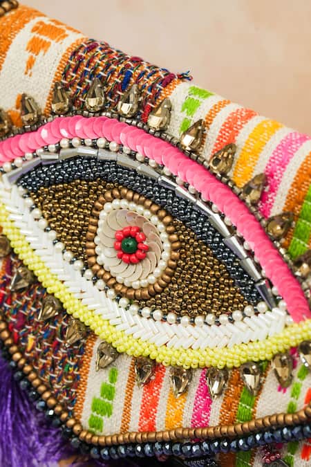 Shop_The Purple Sack_Beads, Tassels Multicolour Eye Sling Clutch _Online_at_Aza_Fashions