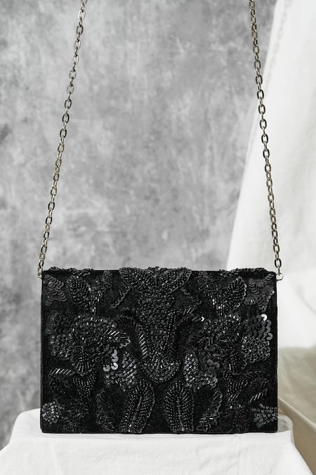 The Purple Sack_Black Embroidery, Sequins Velvet Handcrafted Party Clutch _Online_at_Aza_Fashions