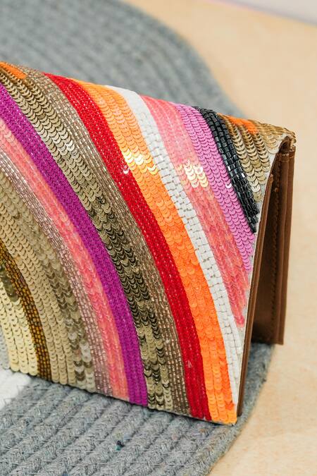 Shop_The Purple Sack_Multi Color Sequins Rainbow Handcrafted Clutch _Online_at_Aza_Fashions
