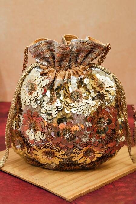 Shop_The Purple Sack_Gold Sequins, Applique Polma Flower Potli _Online_at_Aza_Fashions