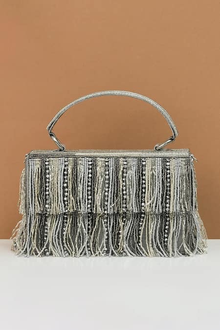 The Purple Sack Gray Beads, Fringe Grey Gaza Clutch 