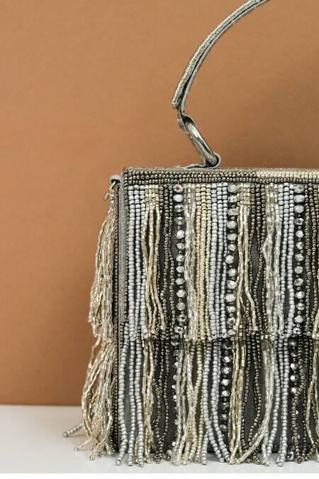Buy_The Purple Sack_Gray Beads, Fringe Grey Gaza Clutch _Online_at_Aza_Fashions