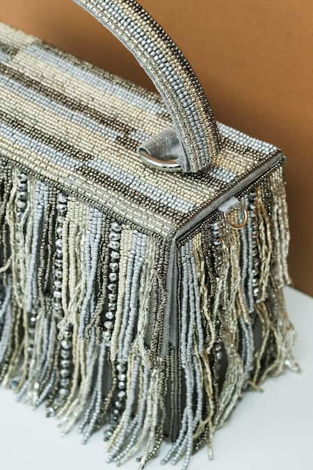 Shop_The Purple Sack_Gray Beads, Fringe Grey Gaza Clutch _Online_at_Aza_Fashions