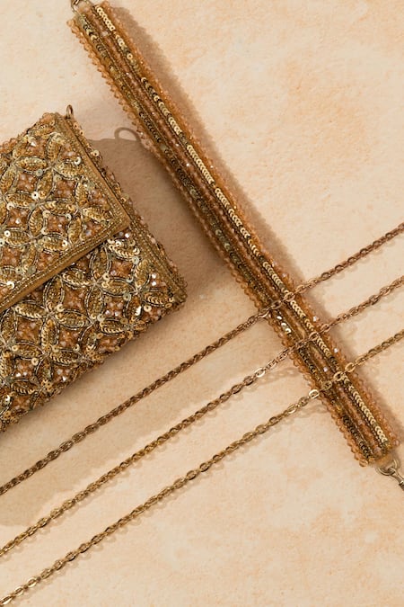 The Purple Sack_Gold Beads, Sequins Midas Touch Handcrafted Clutch _Online_at_Aza_Fashions