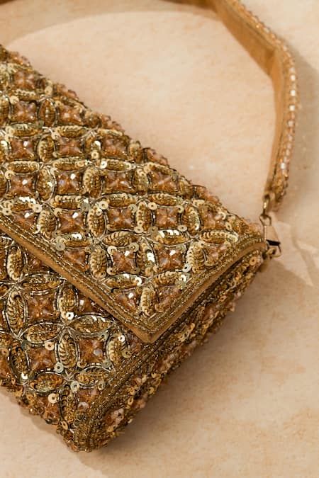 Buy_The Purple Sack_Gold Beads, Sequins Midas Touch Handcrafted Clutch _Online_at_Aza_Fashions