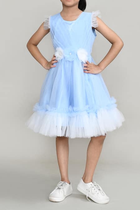 Petite Pomme_Blue Net, Satin Fabric Flowers Embellished Fit And Flared Dress _Online_at_Aza_Fashions