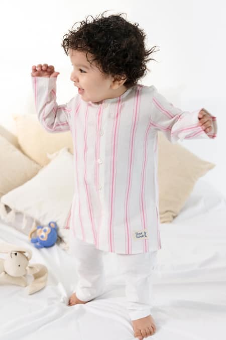 Tiber Taber Pink Cotton Striped Kurta And Pyjama Set 