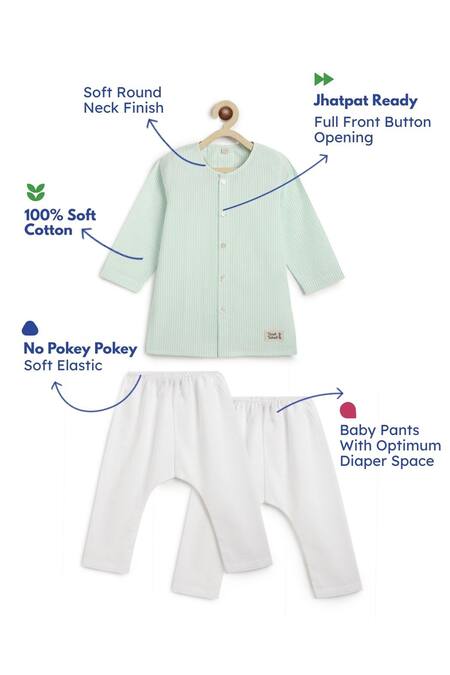 Shop_Tiber Taber_Green Cotton Striped Kurta And White Pyjama Set _Online_at_Aza_Fashions