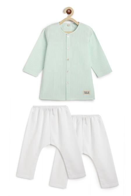 Tiber Taber_Green Cotton Striped Kurta And White Pyjama Set _at_Aza_Fashions