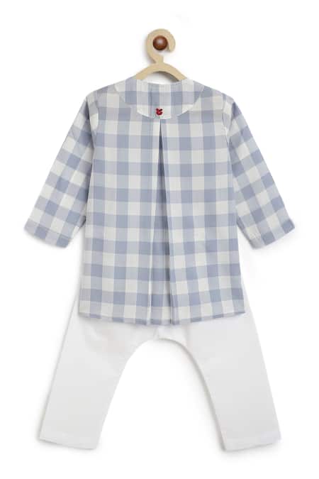 Shop Tiber Taber Blue Cotton Checked Kurta With White Pyjama at Aza Fashions Shop_Tiber Taber_Blue Cotton Checked Kurta With White Pyjama _at_Aza_Fashions