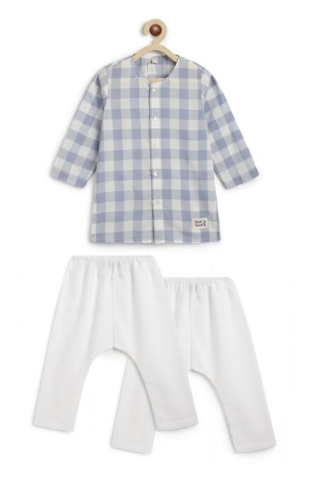Shop Tiber Taber Blue Cotton Checked Kurta With White Pyjama Shop_Tiber Taber_Blue Cotton Checked Kurta With White Pyjama